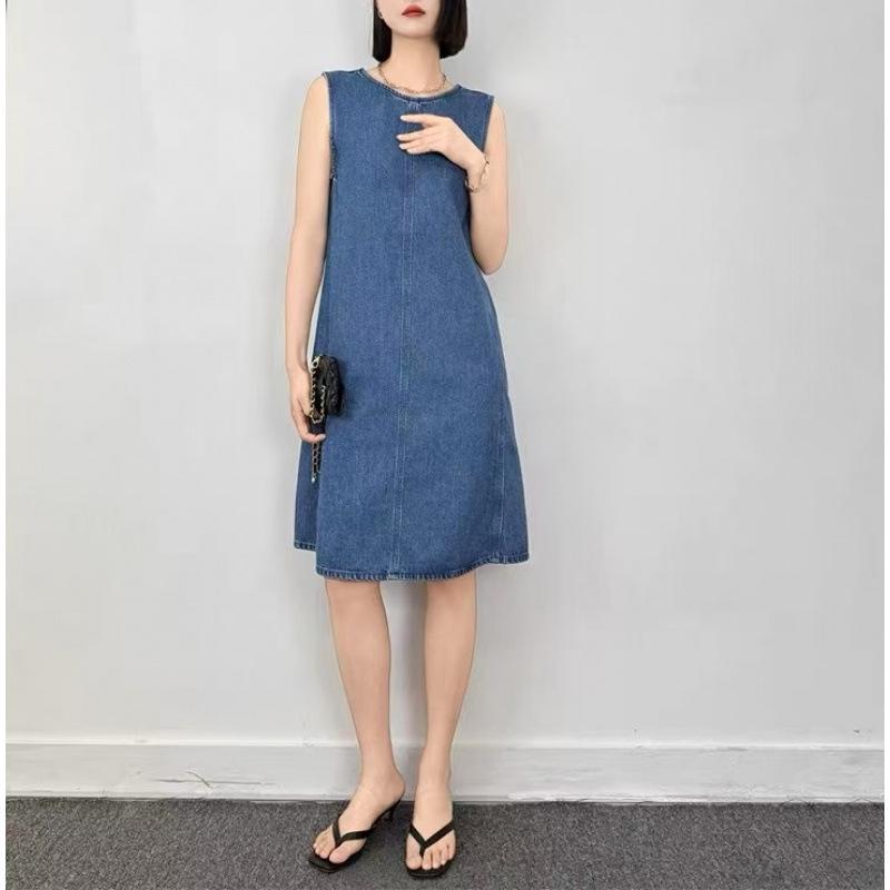 Women's Blue Patchwork Denim Boat Neck Summer Dress
