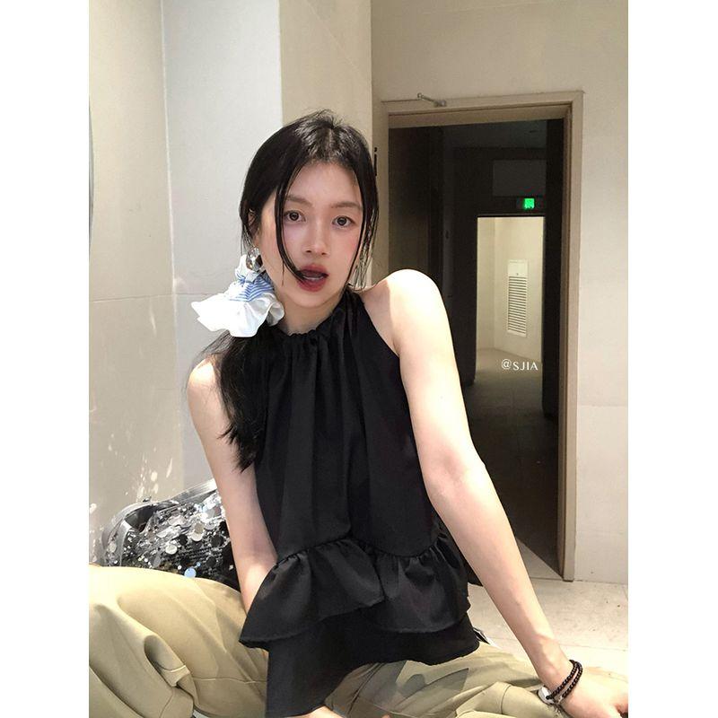 Kumikumi Sweet and Spicy Style Hanging Neck Sleeveless Black Vest Women Clothes Summer Temperament Patchwork Frill All-Match Top