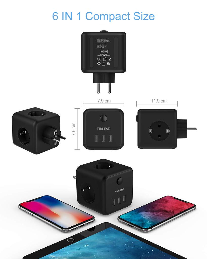 Tessan Черный USB-адаптер настенной розетки Powercube с 3 розетками переменного тока и 3 USB-портами, удлинителем с несколькими европейскими вилками для дома