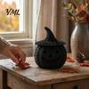 Handmade Woven Texture Craft Faux Rattan Halloween Pumpkin Figurine, Black Resin Statue with Witch Fall Holiday Window Display Hat, Rustic Wicker