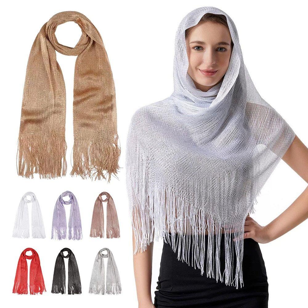Fashion Lace Tassels Silk Scarf Sunscreen Thin Golden Silvery Shiny Scarves Neck Cover Bright Hollow Shawl Beach Travel Smock