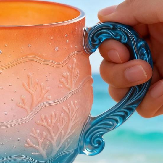 Кружка Стеклянная Закат над Океаном Градиентная Кофейная Чашка с Волнообразным Тиснением 350 мл Большая Вместимость Чашка для Напитков Праздничный Подарок для Любителей Пляжа