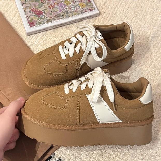 Ретро матовая кожа толстая подошва сочетание цветов немецкие тренировочные туфли женские осень и зима модные на шнуровке повседневные на плоской подошве спортивные туфли хлопок с