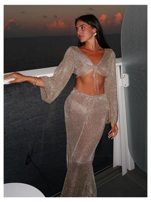 Однотонный Сексуальный Пляжный Купальник Накидка Вязаный Комплект из Двух Предметов 2025 Лето Женский Топ с Большими Рукавами-Колоколами на Шнуровке Длинная Юбка Комплект K128