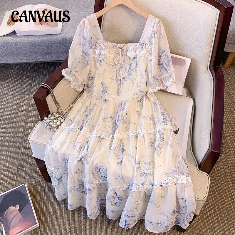 Плюс Размер Женское Летнее Высококачественное Стильное Винтажное Квадратный Воротник Рукава Сумка Цветочное Платье