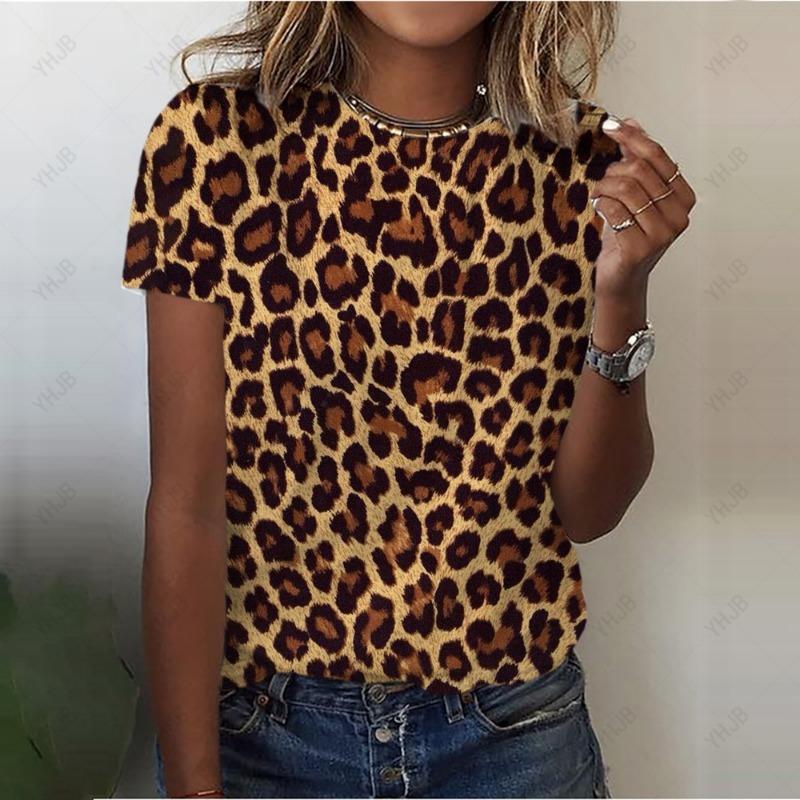 Сексуальная женская футболка, модная повседневная футболка с леопардовым принтом и коротким рукавом для девочек, уличные красивые футболки, женский топ с круглым вырезом, рубашка