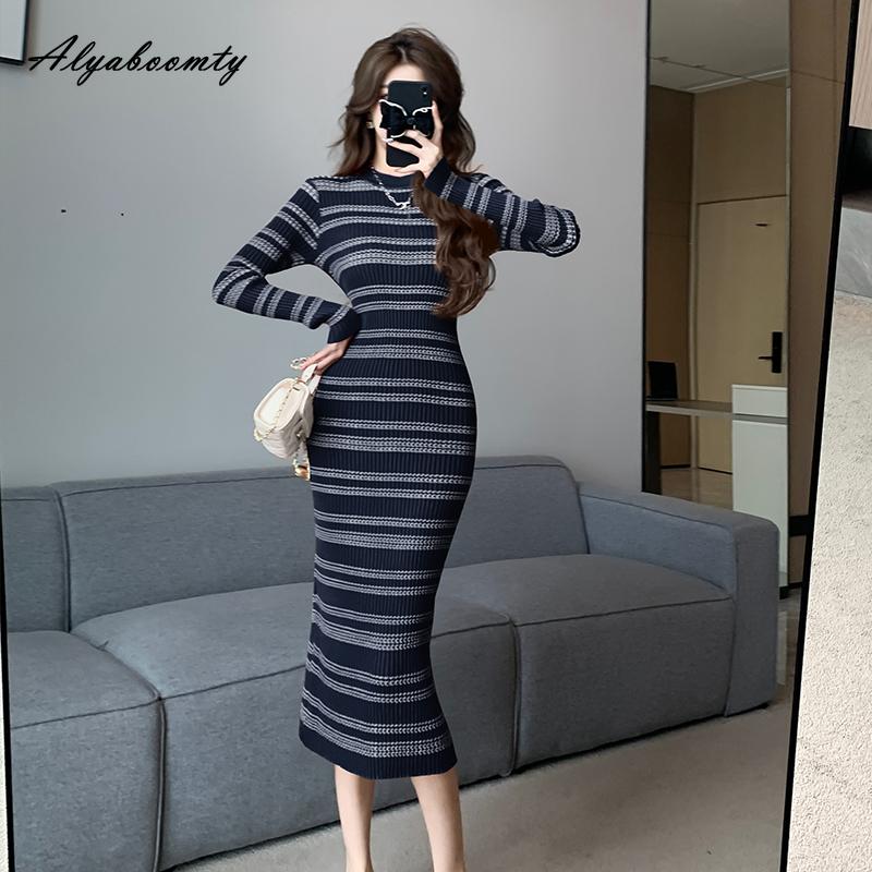 Осень-зима Женское платье-свитер миди Контрастного цвета в полоску Трикотажное облегающее женственное платье Трикотажное элегантное милое универсальное женское платье