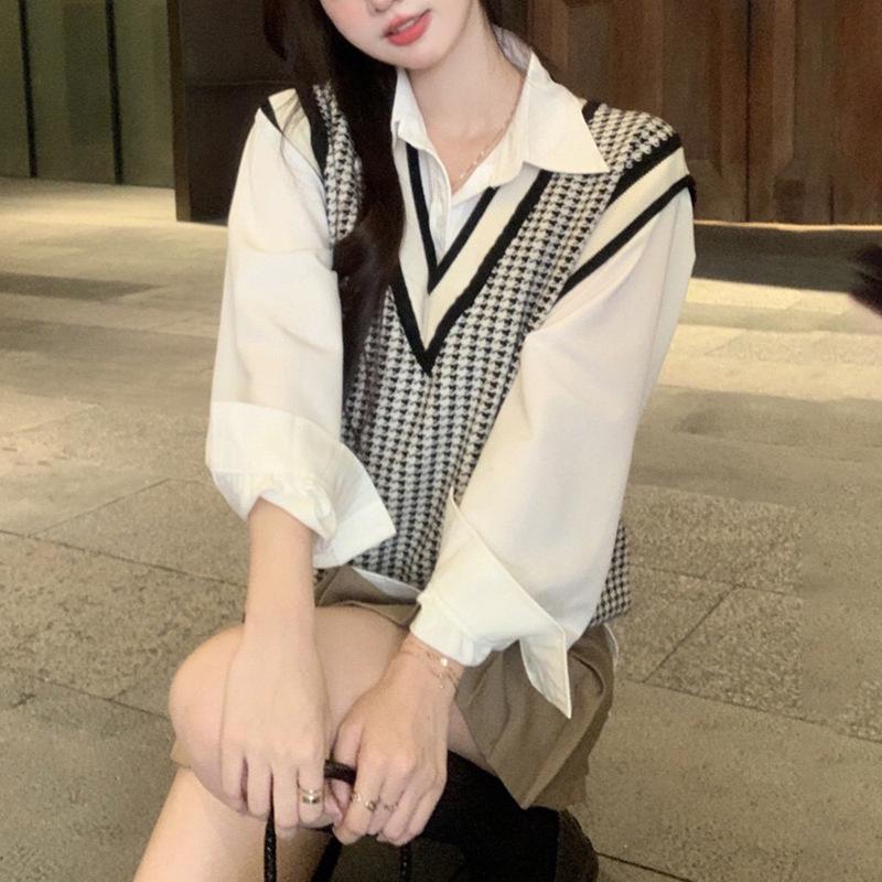 Women's Houndstooth V-Neck Plaid Sweater Vest - Layered, Sleeveless, Loose Fit for 2025