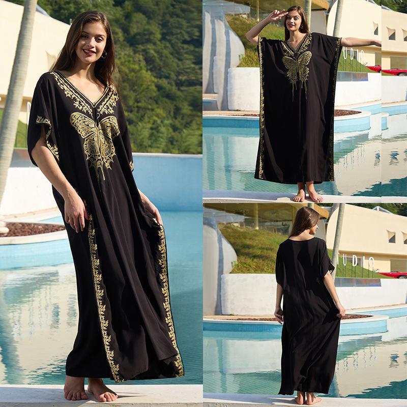 «Хлопковая юбка макси с европейской и американской вышивкой»: Женский пляжный солнцезащитный халат.