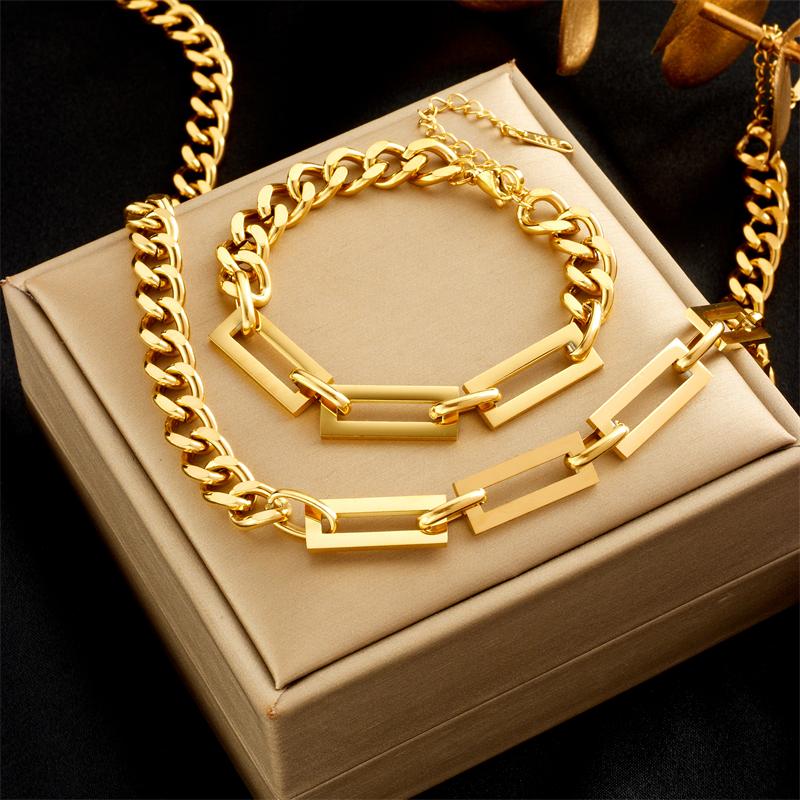 Stainless Steel Gold Color Geometric Chain Necklace Bracelet for Women Girl Jewelry Set