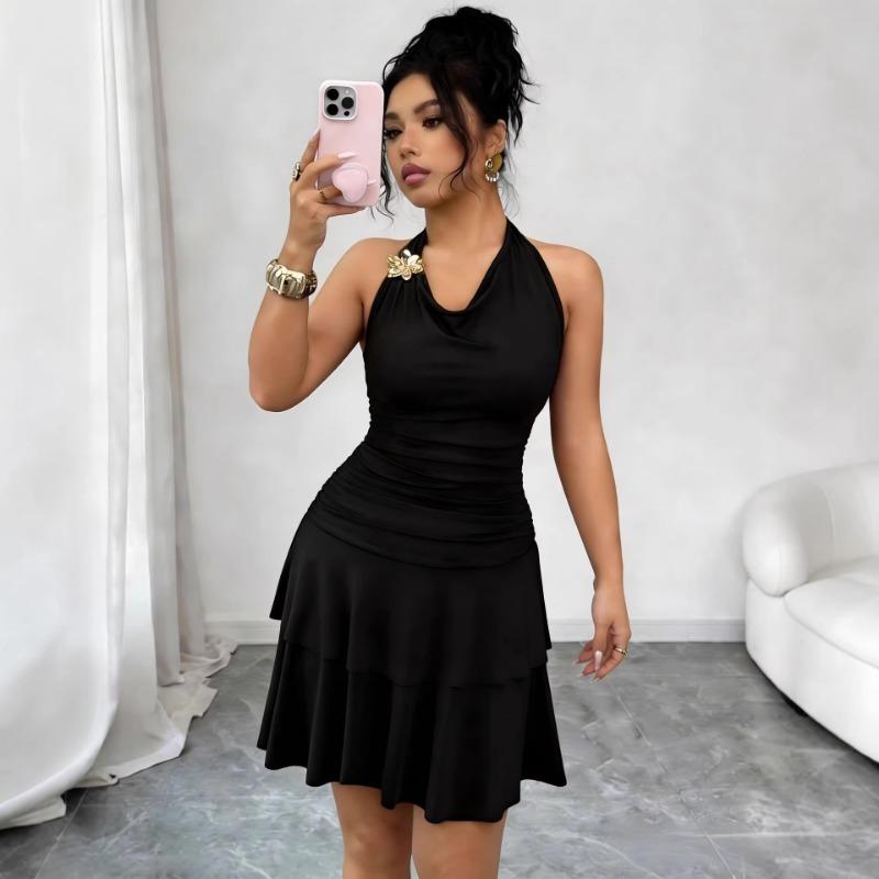 Black Halter High Waist Slimming Ruched Bodycon Mini Dress
