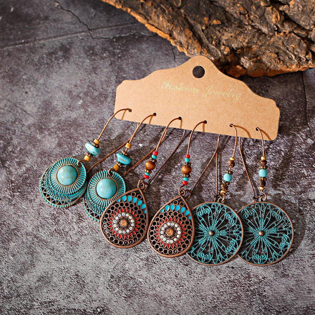 Bohemian Ethnic Retro Earring Set: 3-Piece Hanfu & Nepal Style for Women