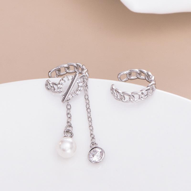 Fashion Jewelry 925 Sterling Silver Pearl Earring Asymmetrical Zircon Pearl Tassel Chain Gold Plated Ear Clip Hoop Earrings