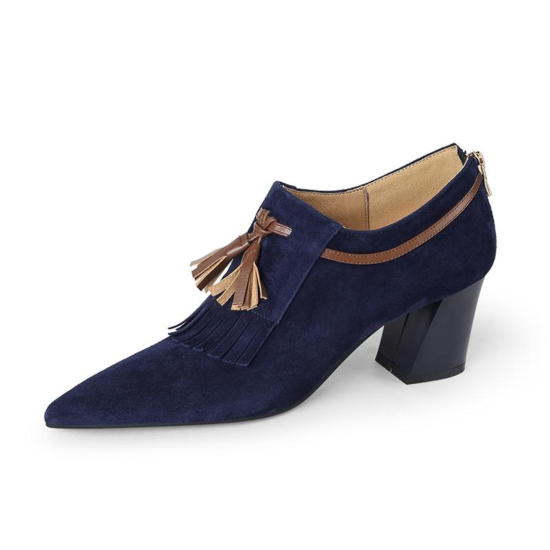 Мода 2025 Весна Женская Обувь Острый Носок Толстый Каблук Женские Туфли Овчина Замша Высокие Каблуки Обувь с Пряжкой-Ремнем для Женщин zapatos de mujer