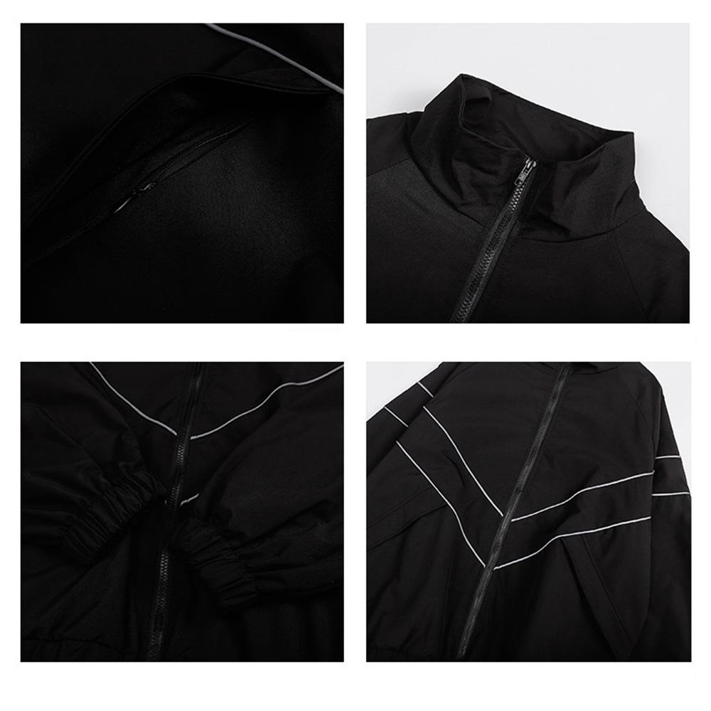 Oversized Black Windbreaker Jacket - Men's Full Zip High Neck Top with Geometric White Chevron Lines & Elastic Hem