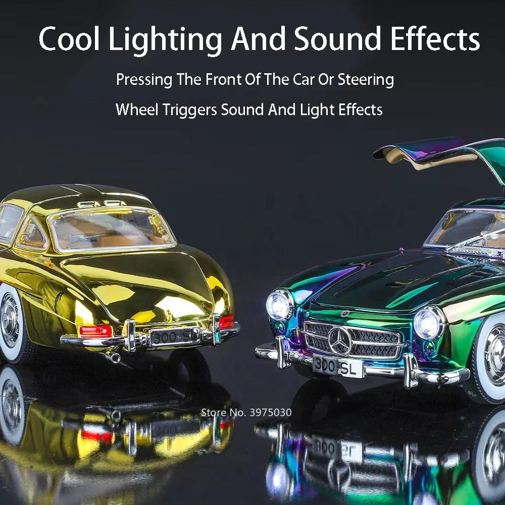New 1:24 Scale Miniature Alloy 300SL Retro Car Toy Model 4 Doors Openable Vehicle Sound and Light Car Children's Day Gift
