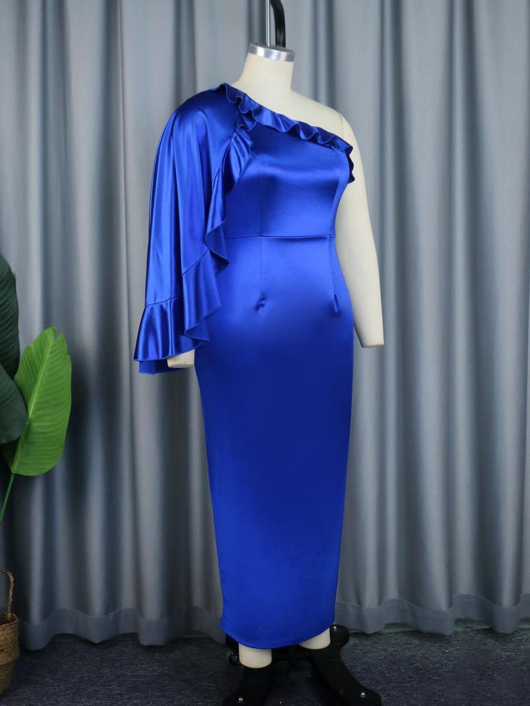 AOMEI Blue Satin Sheath Dresses for Women One Shoulder Ruffles Long Sleeves Bodycon Celebrate Birthday Cocktail Event Party Long Outfits