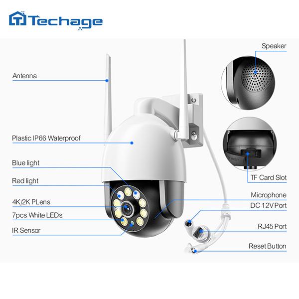 Techage H.265 Ultra HD 2K/4K Беспроводная IP-камера 4MP/8MP Наружная скоростная купольная PTZ-камера Красно-синяя световая сигнализация AI Обнаружен человек P2P