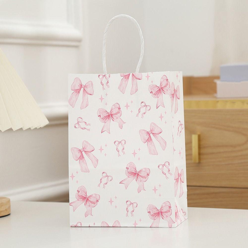 12Pcs Party Supplies Sweet Gift Packing Bag Pink Bow Portable Candy Cookie Bags Paper Reusable Present Wrap Bag Wedding Party