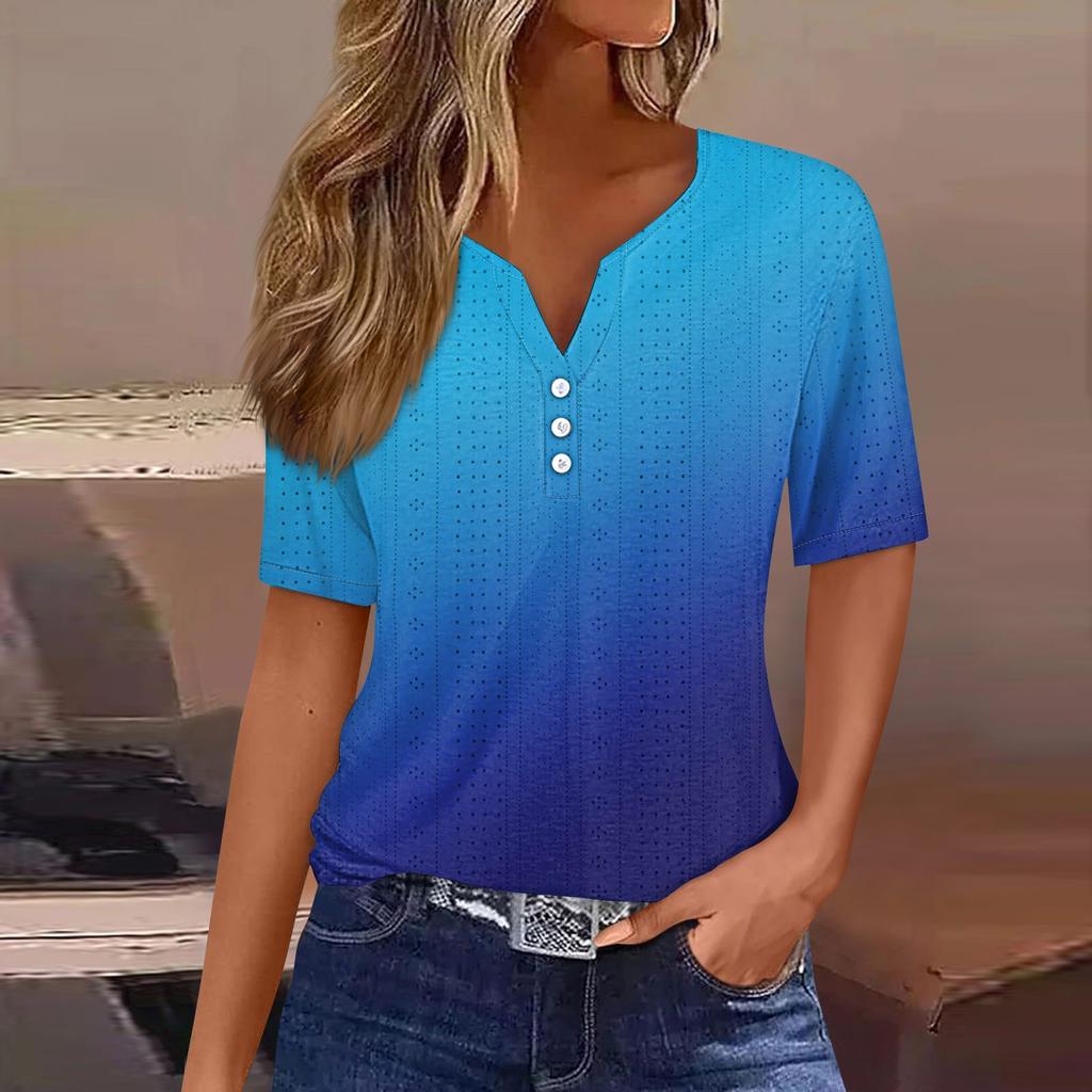 Женская повседневная футболка с v-образным вырезом и короткими рукавами, декоративная футболка на пуговицах, топ