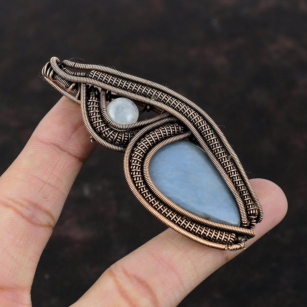 Подвеска Angelite, медная проволочная обернутая подвеска Rainbow Moonstone, ручная работа, ювелирное изделие Angelite, подвеска из драгоценного камня, подарок для него, проволочная бижутерия