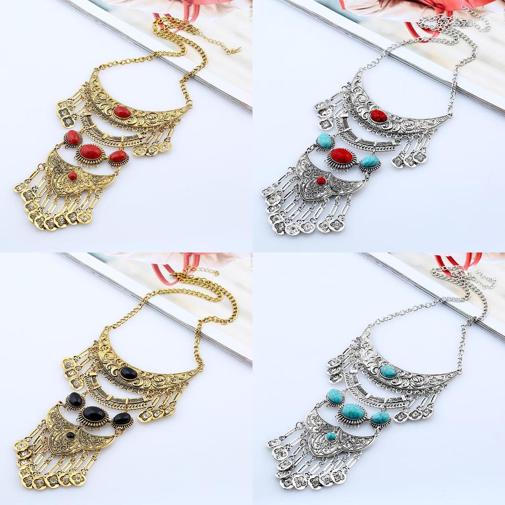 Vintage Long Women Tassel Necklace With Gemstone Leaf Art Jewelry Accessory