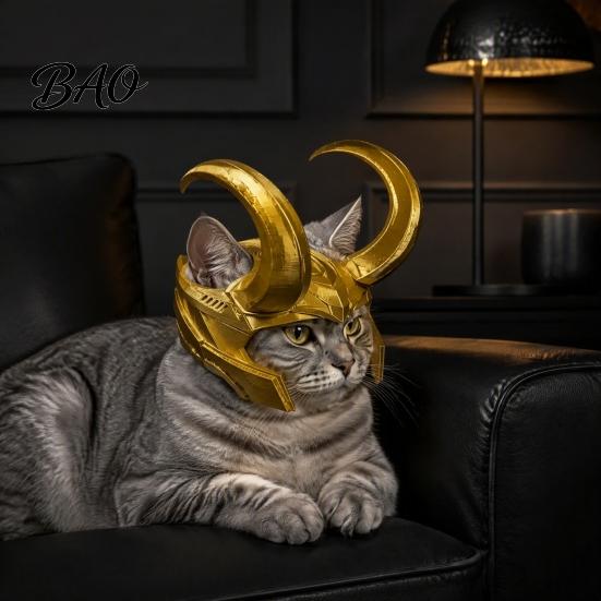Decorative Pet Hat Cat Horn Crown Helmet, Golden Headpiece, with Ear Holes, Funny Helmet Cosplay for Halloween Theme Parties Photo Props Creative