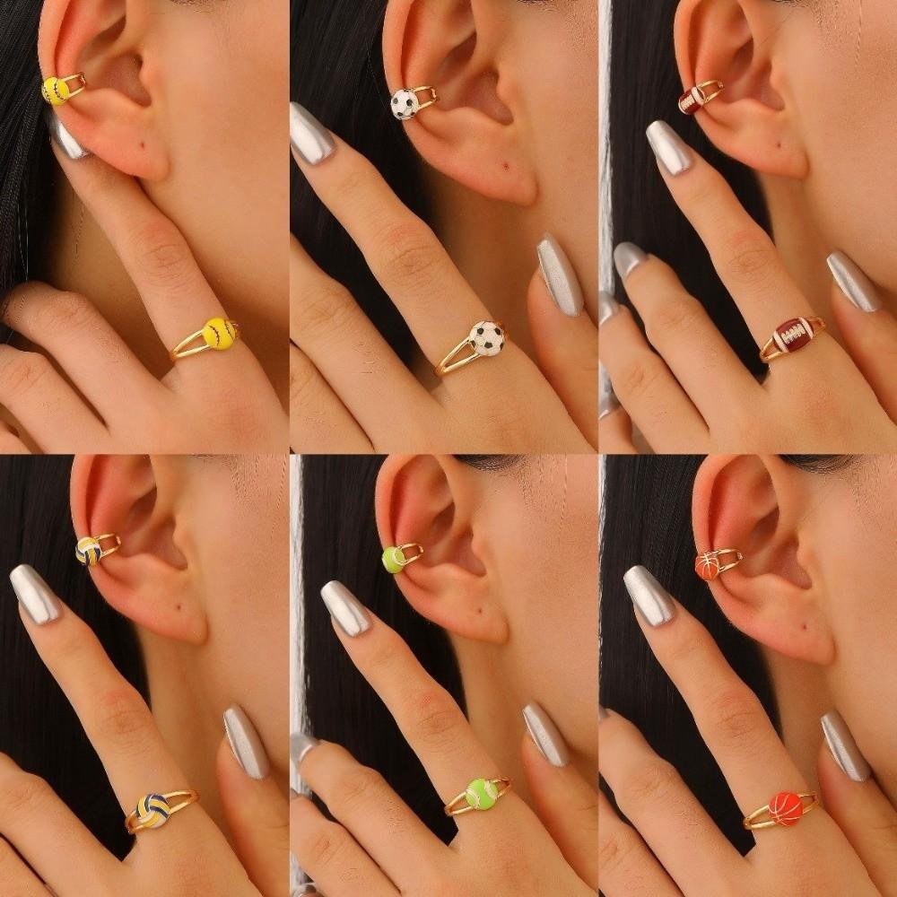 Colourful Adjustable Finger Ring Copper Sports Balls Shaped Open Rings Football Ear Clips Holiday