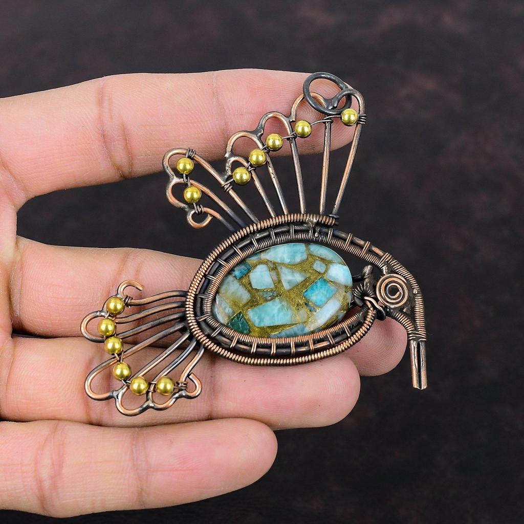Медный кулон с амазонитом, медная проволока, кулон, ювелирные изделия с птицами, кулон с драгоценным камнем, кулон ручной работы, медная проволока, ювелирные изделия, свадебные подарки