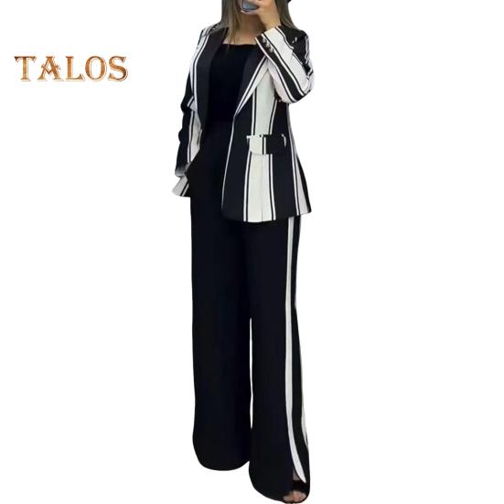 2 шт./комплект женский деловой пиджак брюки комплект с длинными рукавами цветной полосатый кардиган с лацканами средней длины пиджак расклешенные брюки с высокой талией формальные