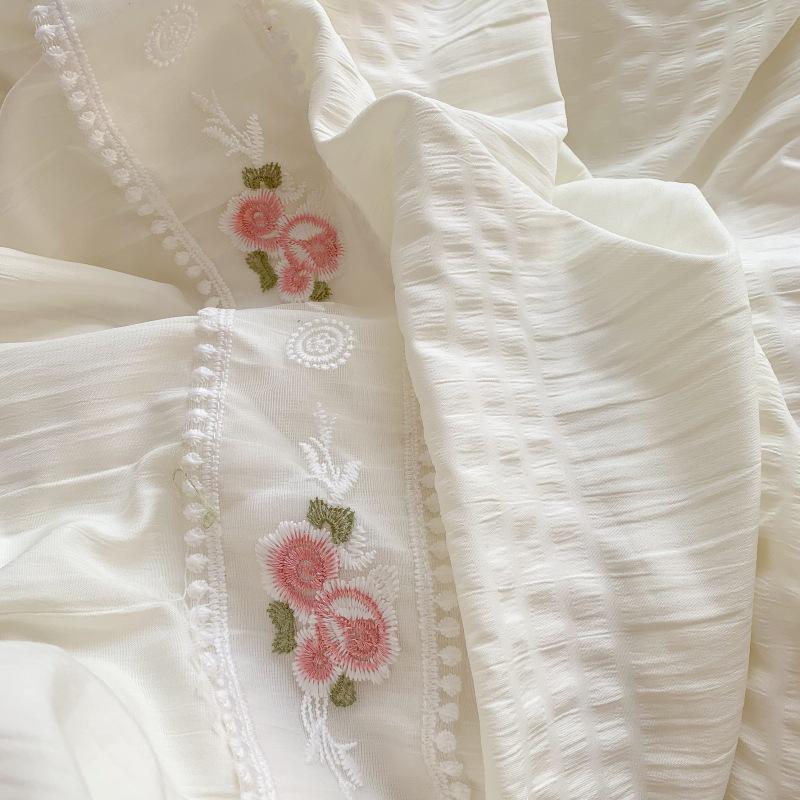 French Seersucker Embroidered Lace Duvet & Sheet Set, 3-Piece Bedding