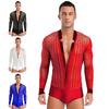 Men Latin Dance Leotard Mesh Long Sleeve Deep V Neck Velvet Shiny Rhinestones Bodysuit