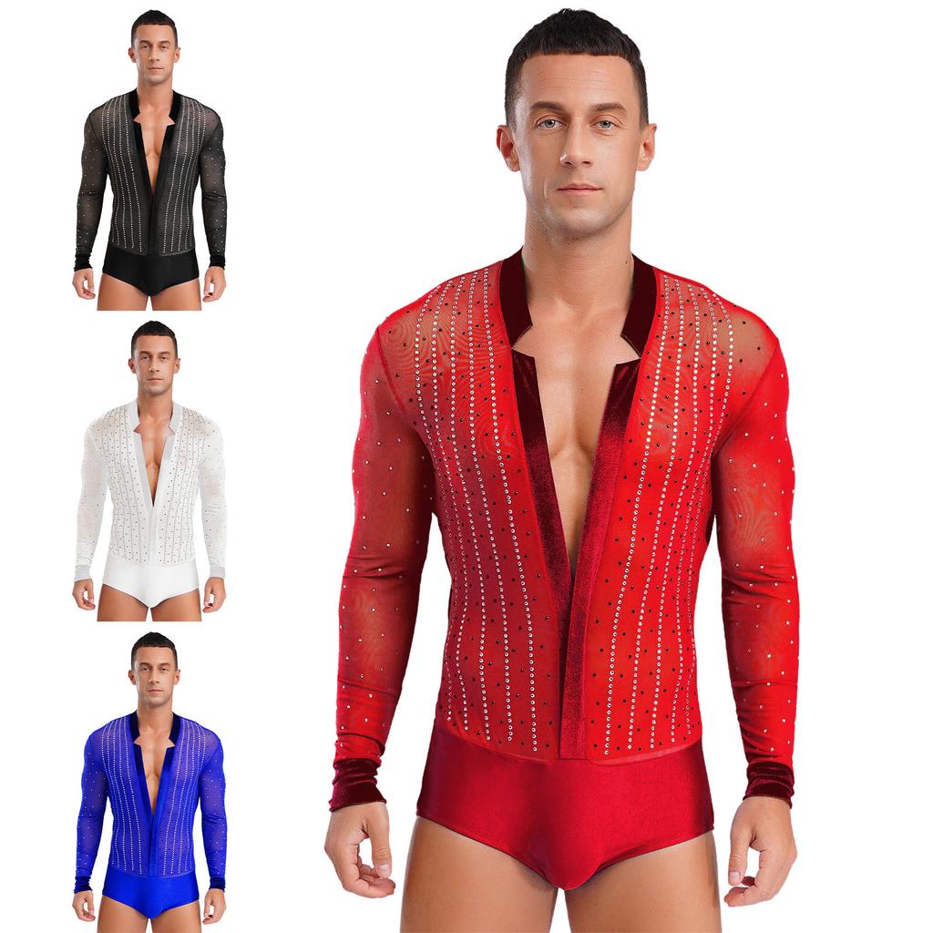 Men Latin Dance Leotard Mesh Long Sleeve Deep V Neck Velvet Shiny Rhinestones Bodysuit