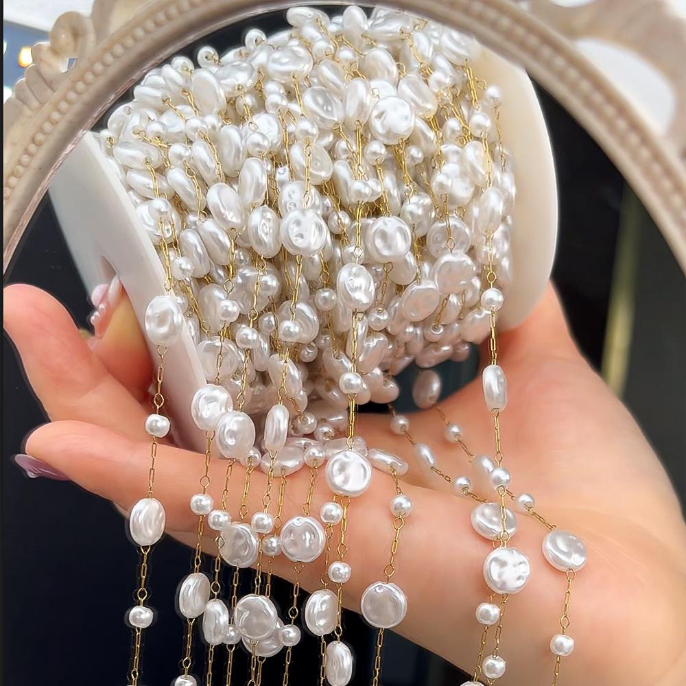 1 Meter Stainless Steel 3mm Gold Beaded Stone Pearls Chains for DIY Jewelry Findings Necklace Bracelet Supplies Earrings Making