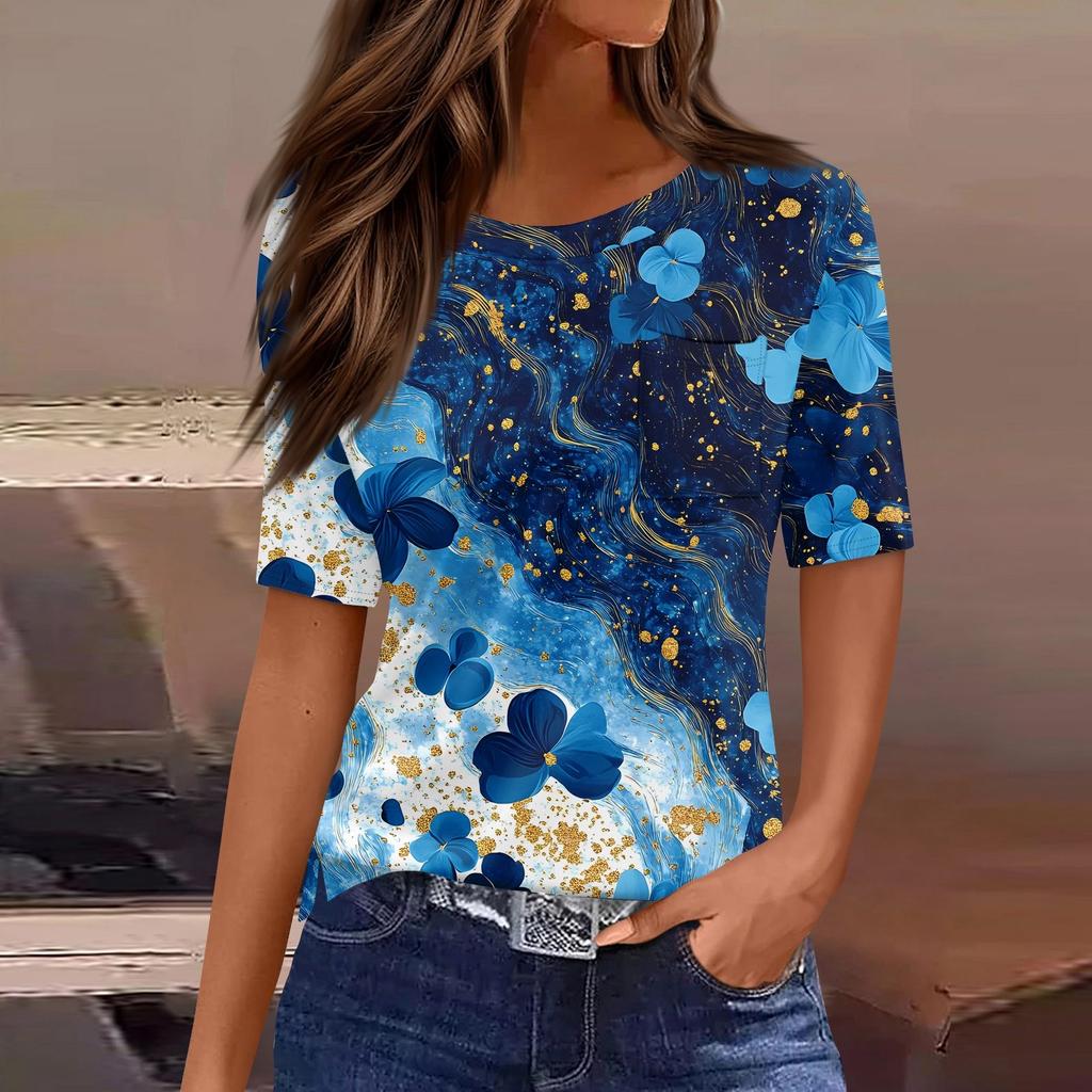 T-Shirts für Damen, Rundhalsausschnitt, elegante, lässige Blusen, bedruckt, kurzärmelig, Sommeroberteile, lockere Passform
