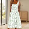 Женское летнее платье с принтом листьев и квадратным вырезом с большим подолом, свободное платье без рукавов с широкими бретелями, длиной до середины икры, пляжное праздничное платье, женская одежда