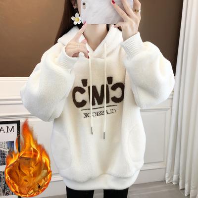 Женский теплый свитшот с капюшоном из шерсти ягненка с вышивкой, новый корейский свободный топ, уменьшающий возраст, утолщенная куртка на осень и зиму