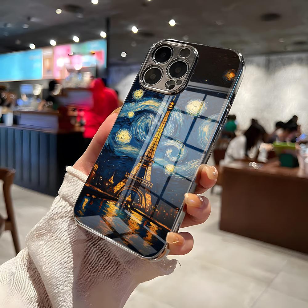 Чехол для телефона Эйфелева башня для iPhone 17 Pro Max 15 Pro 16 14 Plus 12 13 Mini 11 Pro Ударопрочный Электрооplated Стеклянная крышка