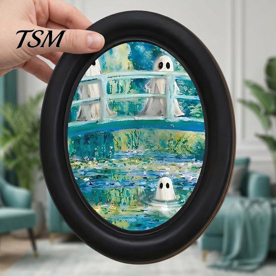 Modern Wall Art Decor Funny Ghost Halloween Art, Vintage Spooky Framed Painting, Small for Studio Cute Oval Home Bedroom Washroom Decoration