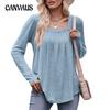 Autumn and Winter Women's Blouse Casual Bubble Sleeve Square Neck Pleated Long Sleeve Top