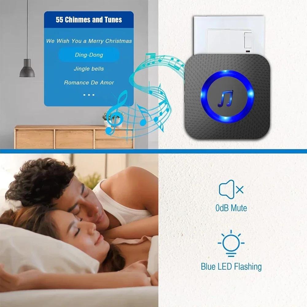 Беспроводной водонепроницаемый умный дверной звонок для домашней безопасности, 55 песен, 5 уровней громкости, цветной светодиодный мигающий дверной звонок