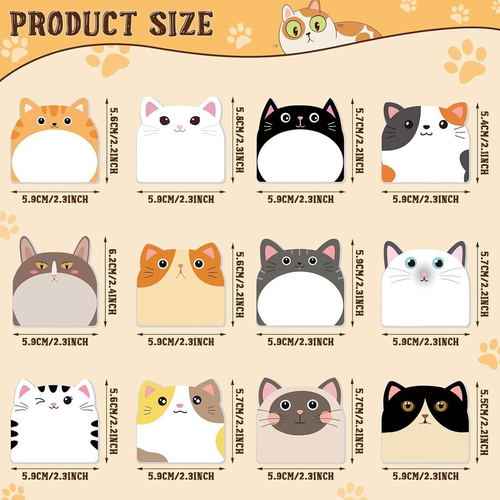 Cartoon cat sticky notes, creative, highly adhesive, cute animal, reusable, tear-off