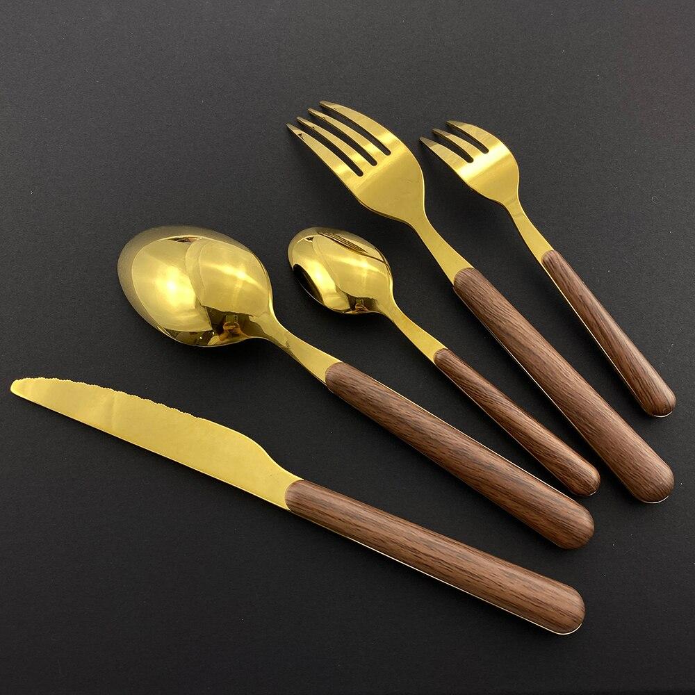5Pcs Cutlery Set Western Stainless Steel Tableware Wooden Handle Dinnerware Knives Fork Spoons Silverware Kitchen Flatware Set