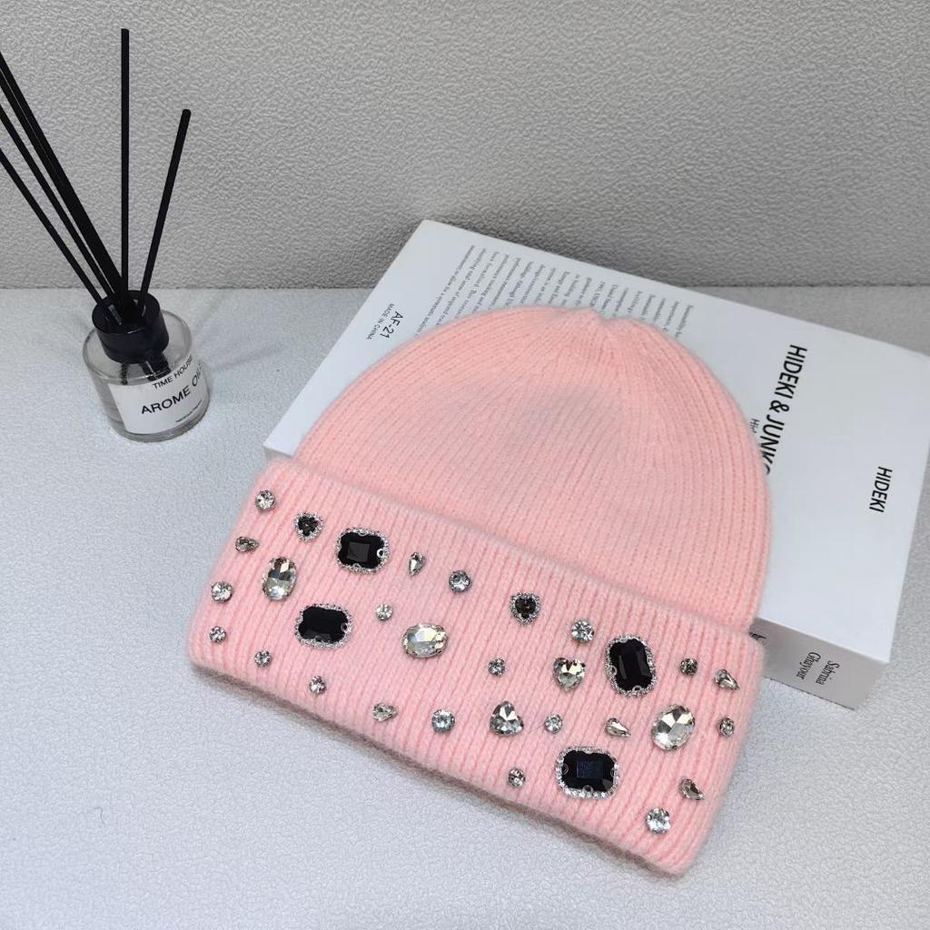 Шерстяная шапка с горным хрусталем в виде кролика для женщин на осень и зиму, белая вязаная шапка для маленького лица, шерстяная шапка для Северо-Востока, теплая шапка