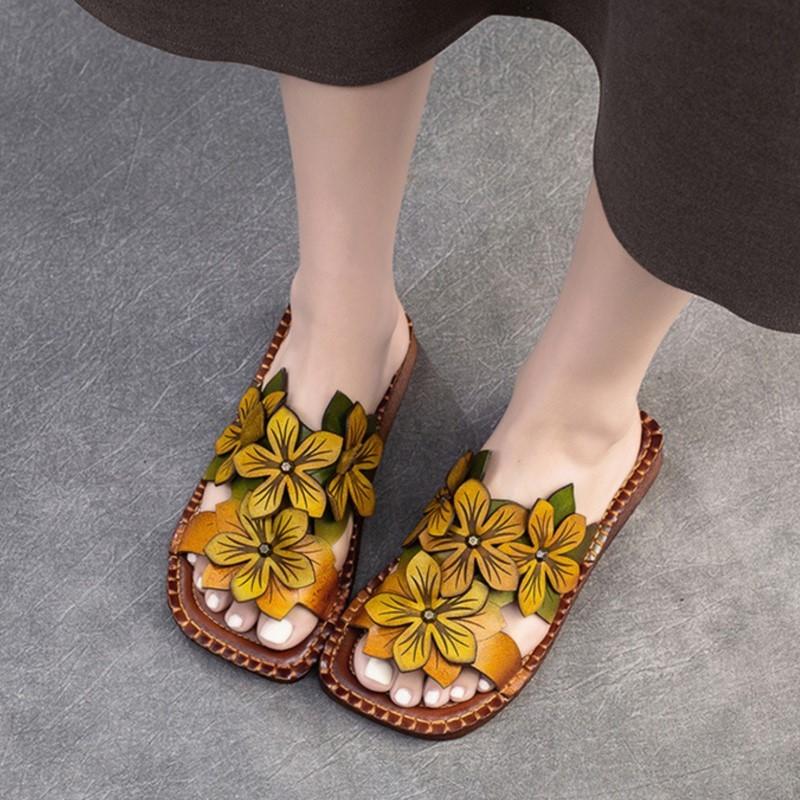 Johnature Дышащие тапочки из натуральной кожи на мягкой подошве на плоской подошве, шлепанцы с цветами в этническом стиле, универсальная женская обувь