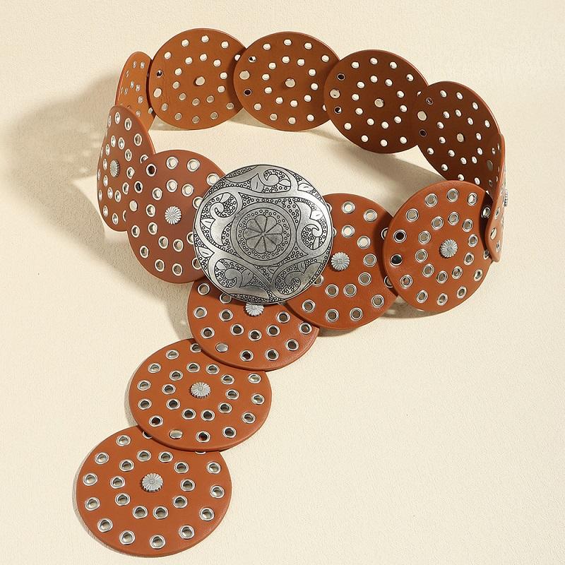 Women's Western Denim Belt High Quality Metal Hollow Ladies Trend Wide Waistband Vintage Personalized Round Belts DT148