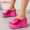 Aphixta 2025 Summer Thick Sole Slides Platform Women's Shoes Rose Red Stretch Fabric Silk Flip Flops Wedge Shoes Beach Slippers