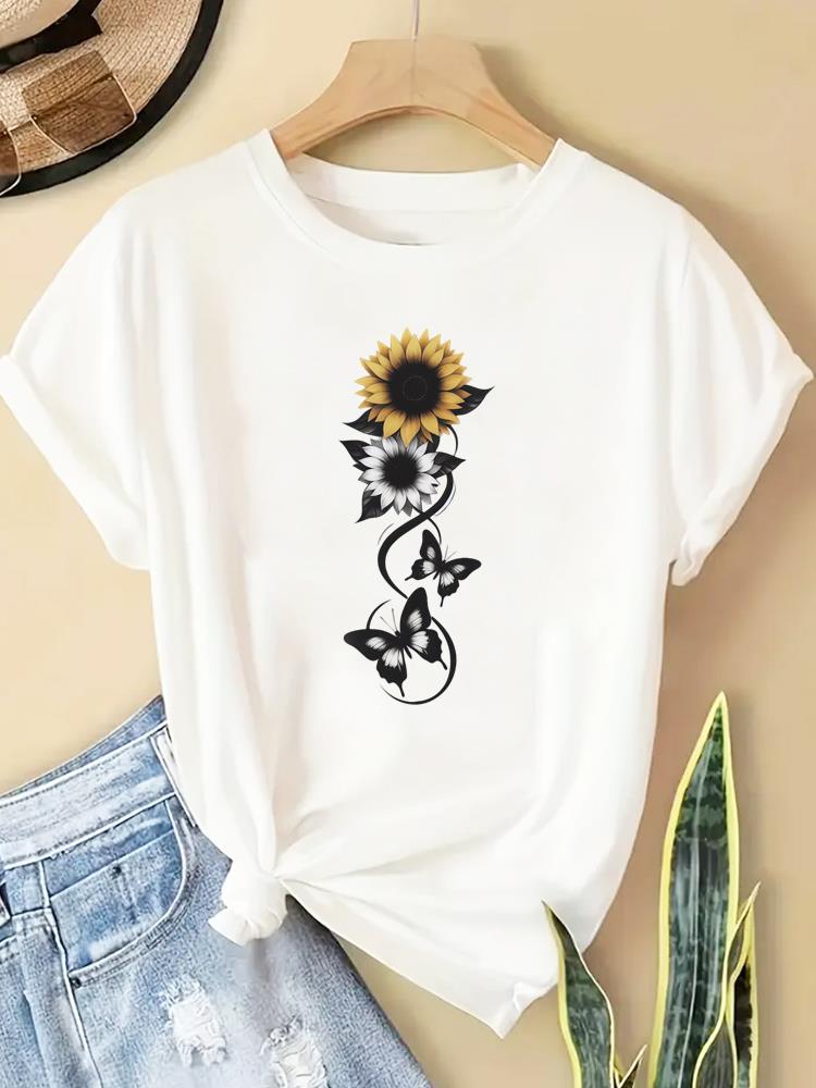 (Азиатский размер) Футболка в милом цветочном стиле Модная женская футболка Топ Одежда Повседневная с принтом Женская Графическая с коротким рукавом
