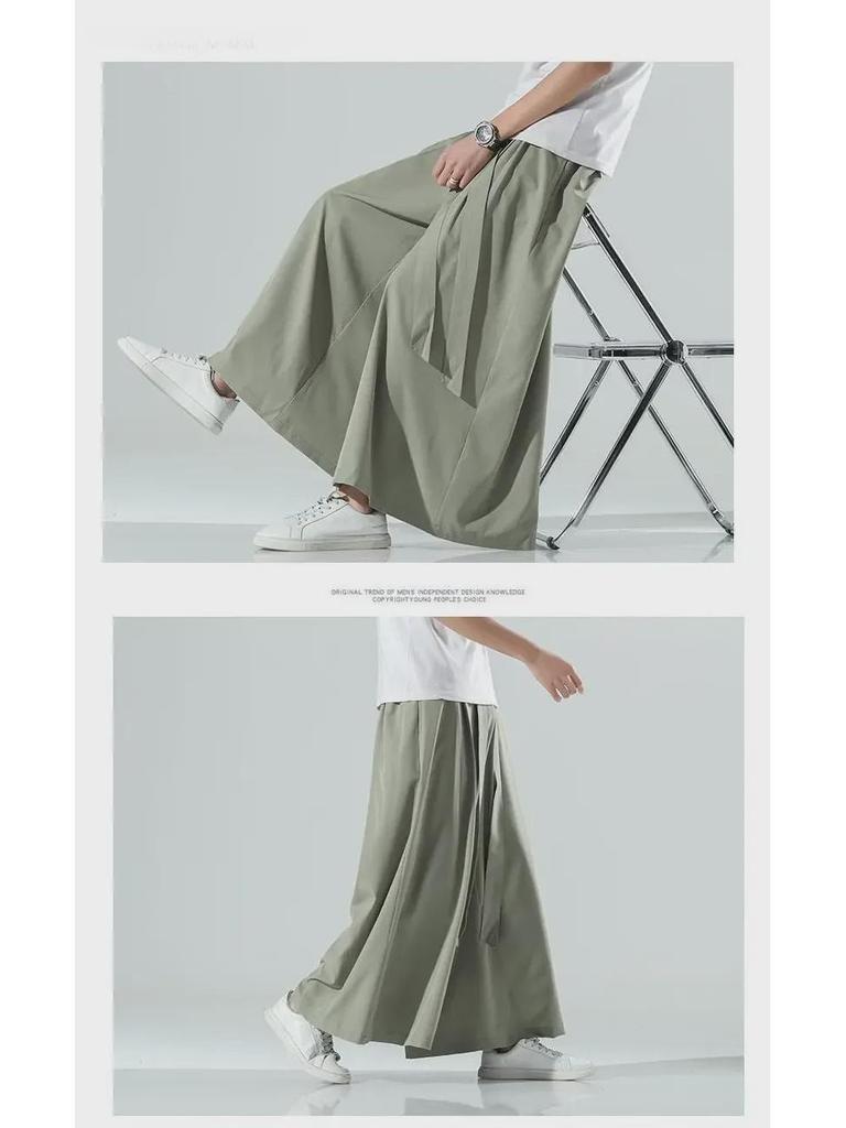 Мужские летние брюки-ханьфу из ледяного шелка с широкими штанинами в стиле ретро: Свободный, прямой, большой размер