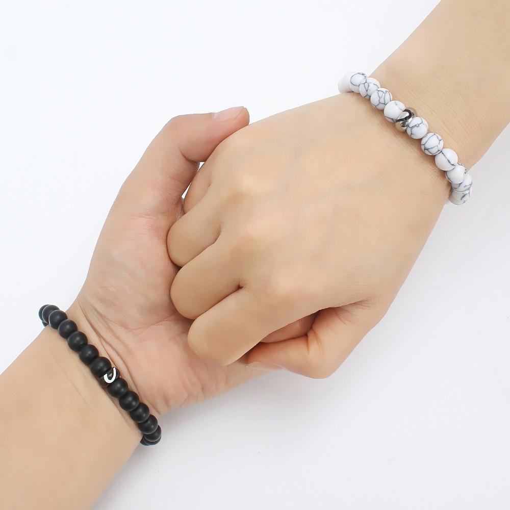 Stainless Steel Heart Couple Bracelet - Matte Black Beaded Matching Bracelets for Men Women, Unisex Jewelry Gift